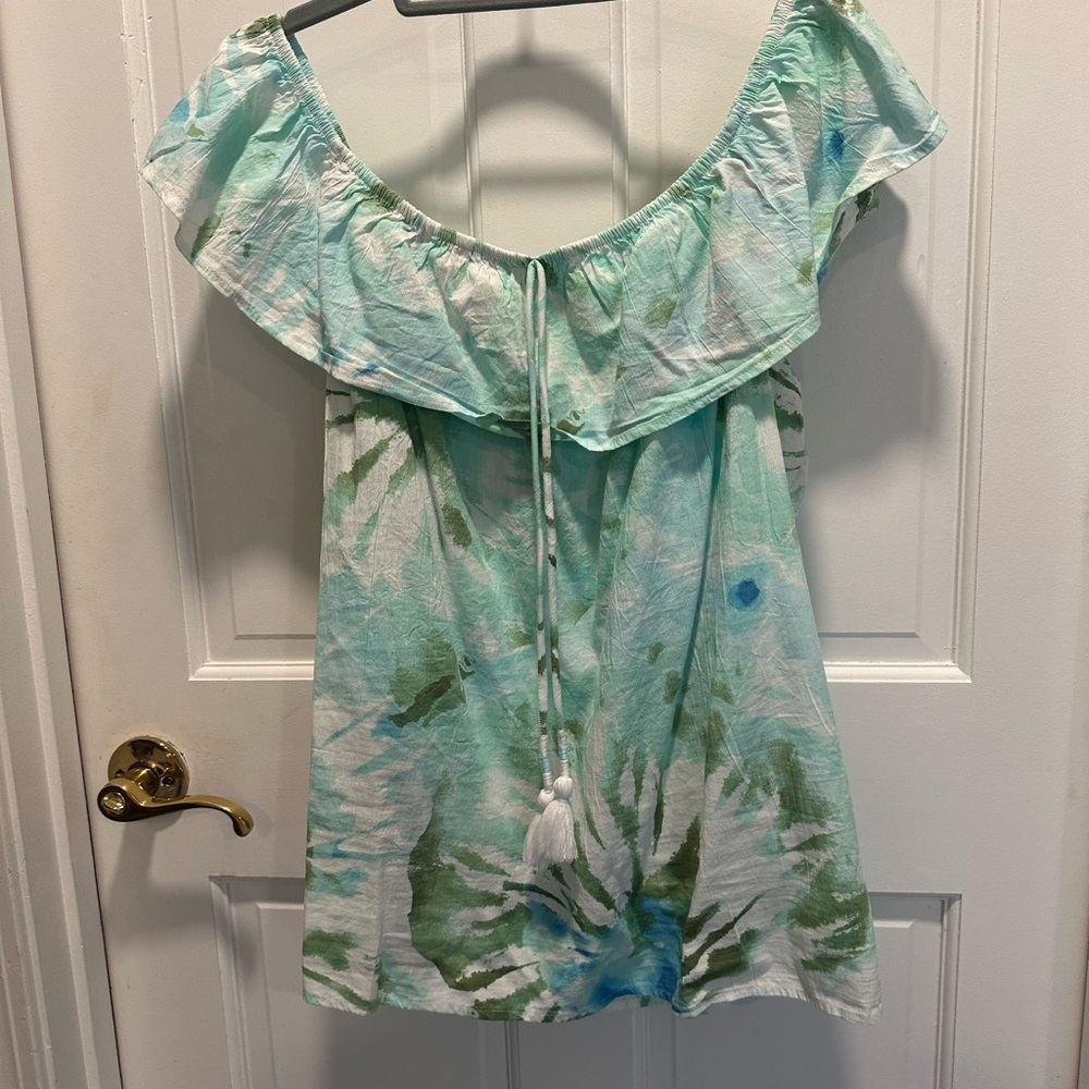 INC International Concepts Green and Blue Ruffle Blouse